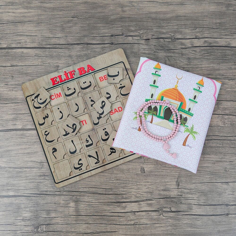 Çocuk Seccadesi Aksa Pembe & Kokulu Tesbih Kalp İşlemeli Bebek Pembesi & ElifBa Puzzle