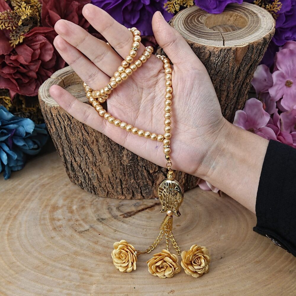 Güllü İnci Tesbih Laleli Gold 6 mm