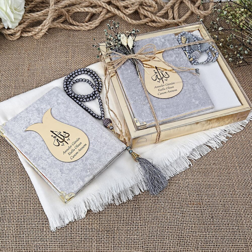Hediyelik Şal, Yasin Kitabı, İnci Tesbihli Set-Gri