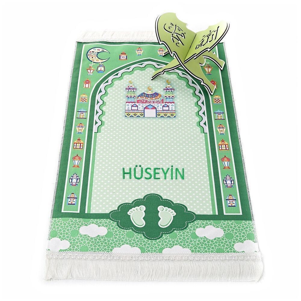 İsme Özel Çocuk Seccadesi 45*82 cm Sahra Yeşil & Kokulu Tesbih Yeşil