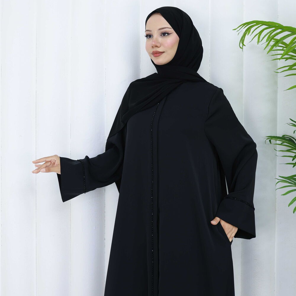 Bayan Abaya Siyah Taşlı Elbise