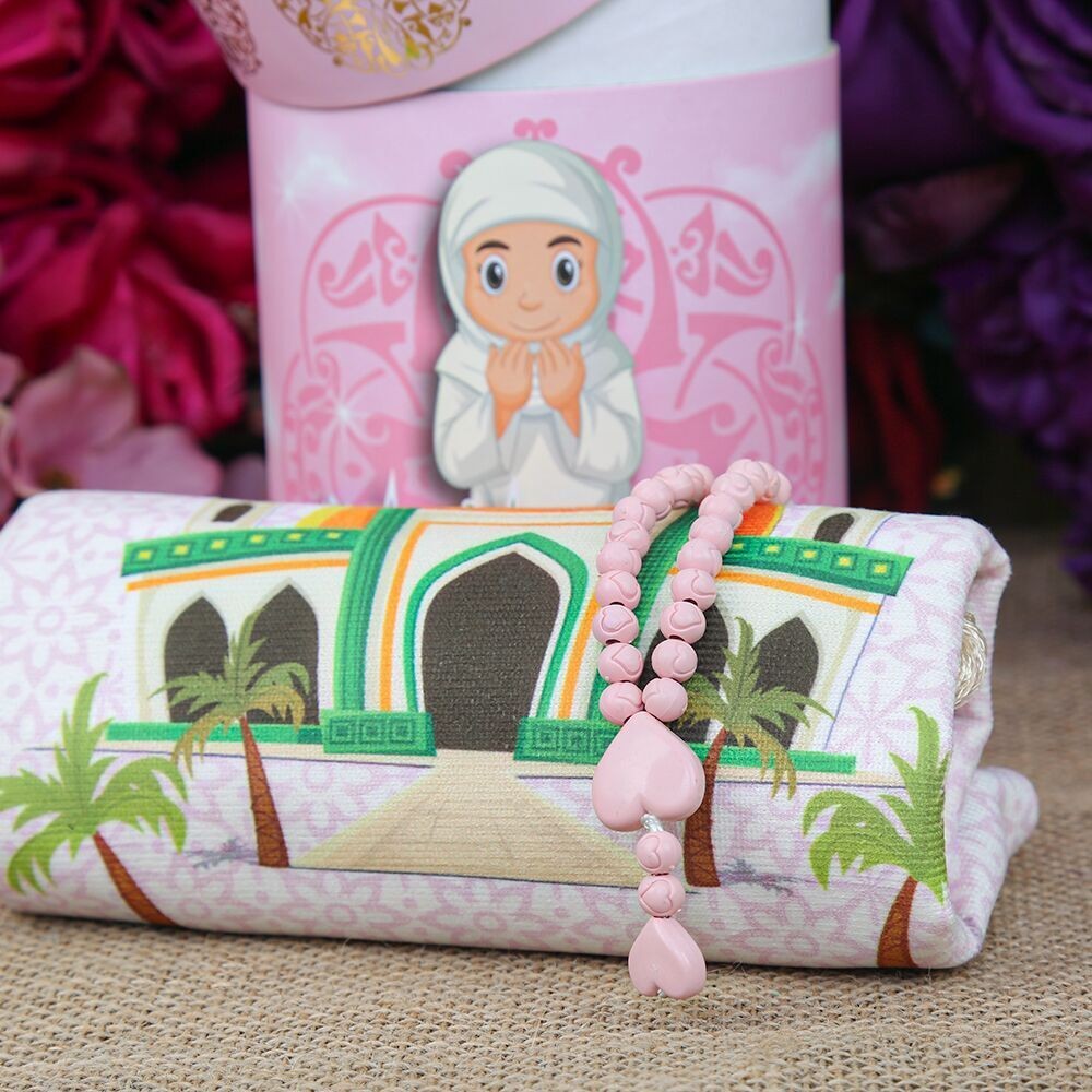 Children's Prayer Rug Kaaba Pink & Fragrant Heart Embroidered Rosary Baby Pink & First Step To Prayer Piggy Bank Cylinder Box Si