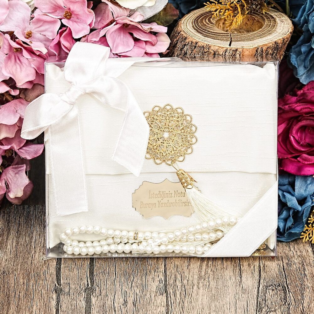 Hediyelik Şantuk Kese Yasin ve Tesbih Süslemeli Asetat Kutulu (17×15) Set Krem