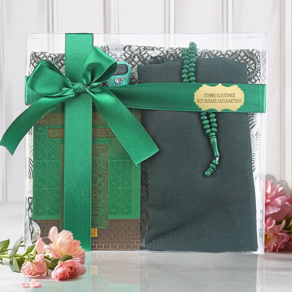 Ekonomik Çanta Boy Yasin, Seccade, Pamuklu Şal, Tesbih, Zikirmatik, Süslemeli Asetat Kutulu (23*26 cm -475gr)-Yeşil