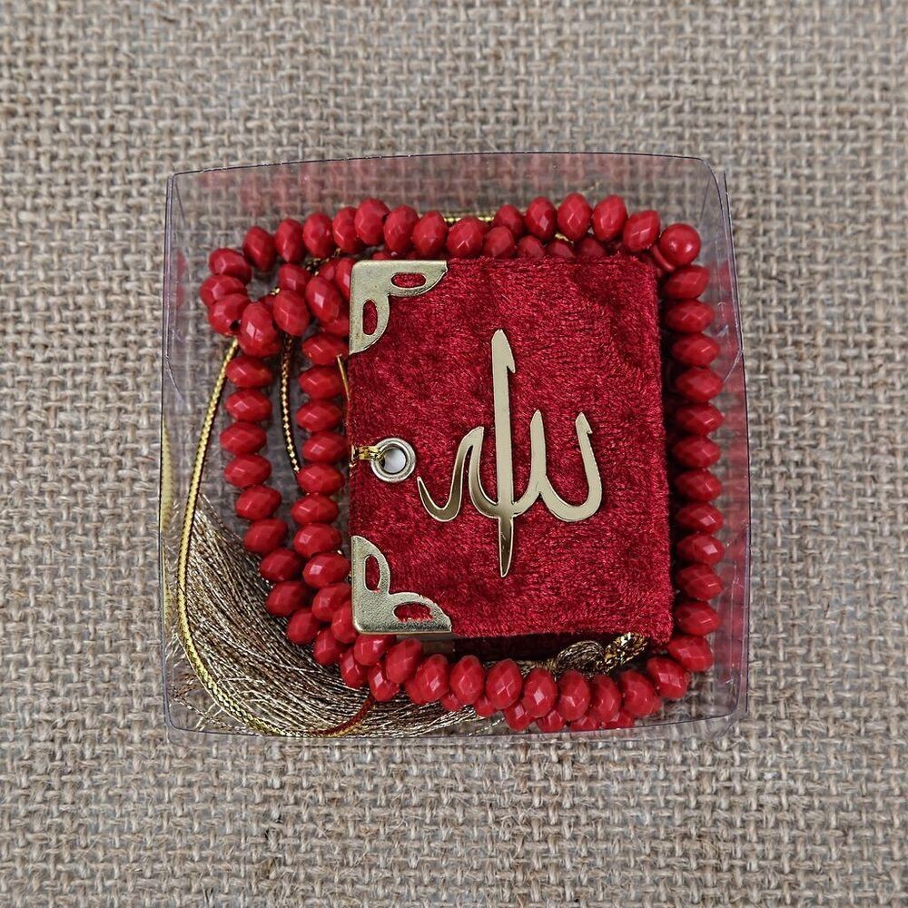 Mini Kuran, Kokulu Tesbihli Kare Kutuda Hediyelik-Kırmızı(140 gr)
