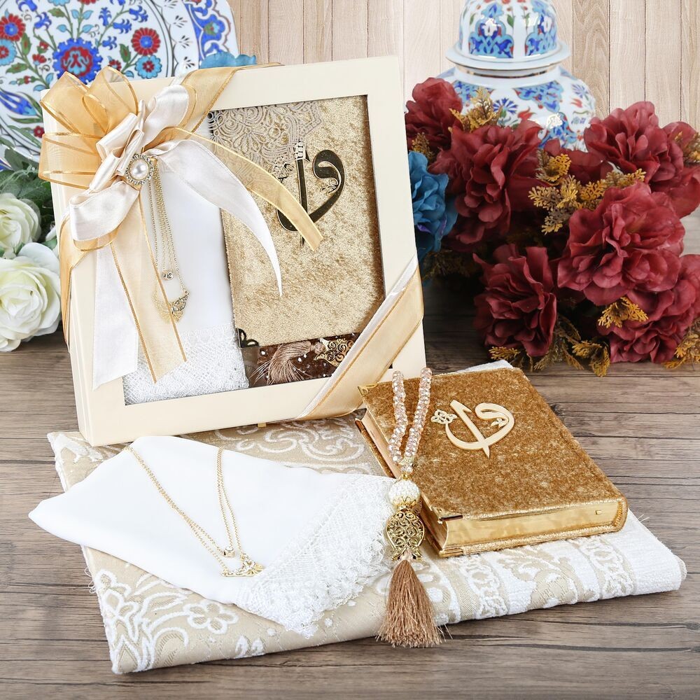 Anneler Günü Hediyesi Seccade, Şal, Tesbih,Kuran-ı Kerim, Ahşap Kutulu Set-Krem