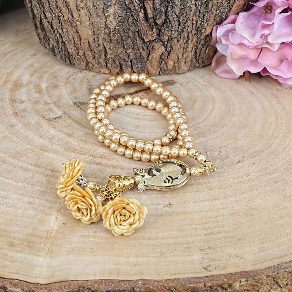 Güllü İnci Tesbih Laleli Gold 6 mm
