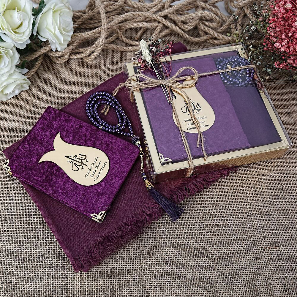 Hediyelik Şal, Yasin Kitabı, İnci Tesbihli Set-Mor