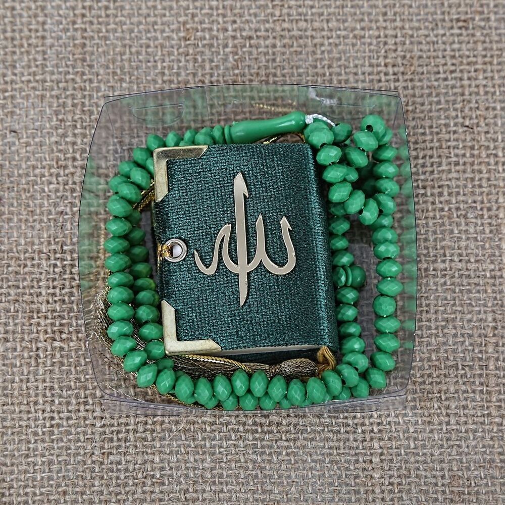 Mini Kuran, Kokulu Tesbihli Kare Kutuda Hediyelik-Yeşil(140 gr)