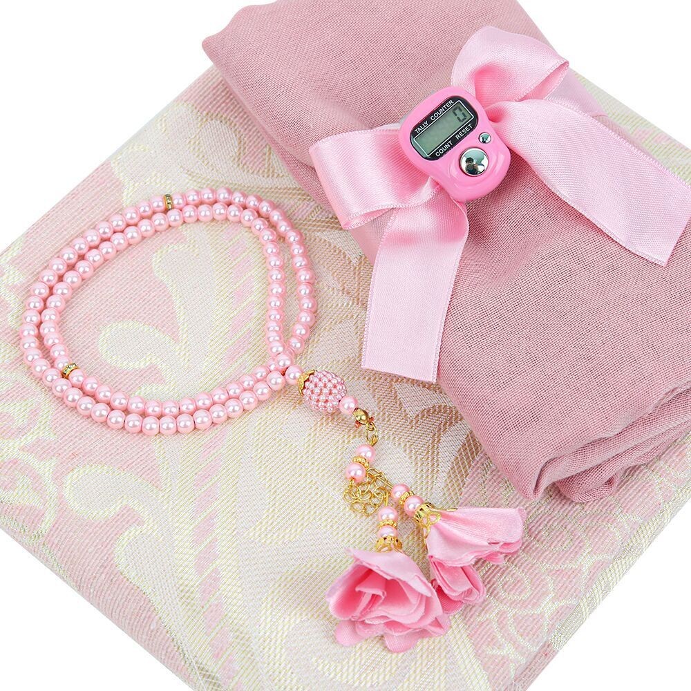 İpek Nur Tafta Seccade Pembe & İnci Tesbih Güllü Pembe & Pembe Şal & Zikirmatik
