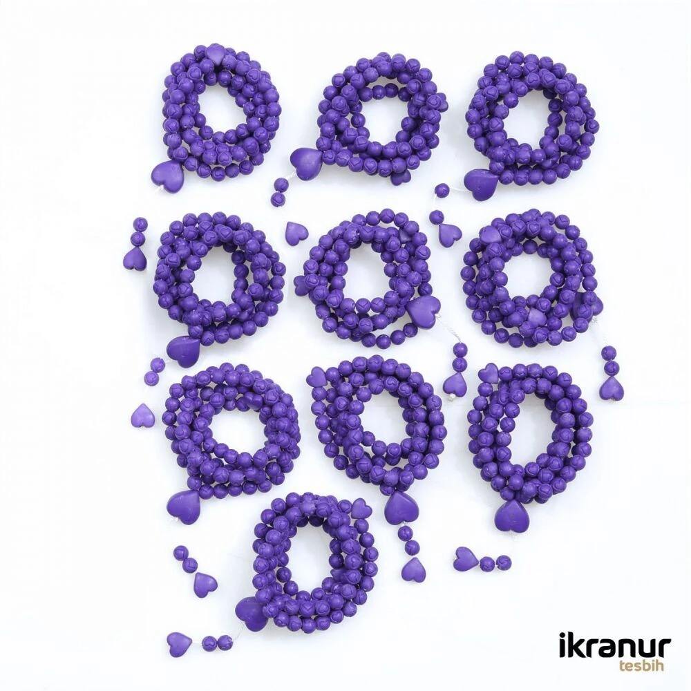 Kokulu Tesbih Kalp İşlemeli Mor - Kutusuz