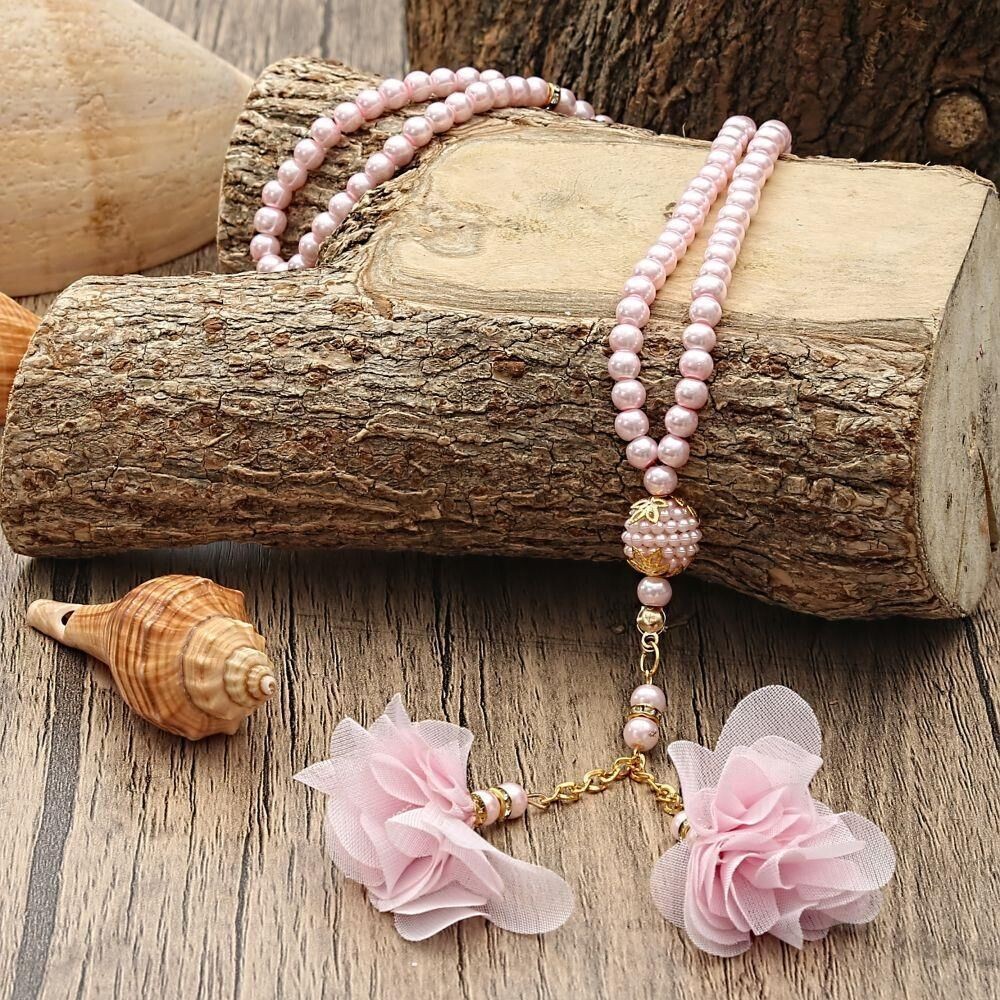 Hediyelik Pembe Şal, İnci Tesbih Güllü, Özel Asetat Kutulu (16×8) Set