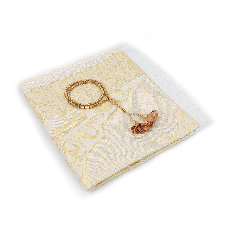 Hediyelik İpek Nur Tafta Seccade Gold & Güllü İnci Tesbih 8 mm Gold(18*25cm 250gr)
