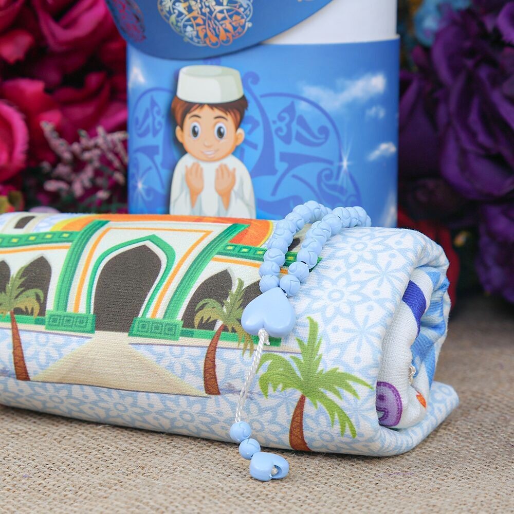 Children's Prayer Rug Kaaba Blue & Fragrant Heart Embroidered Baby Blue Rosary & First Step To Prayer Piggy Bank Cylinder Box Si