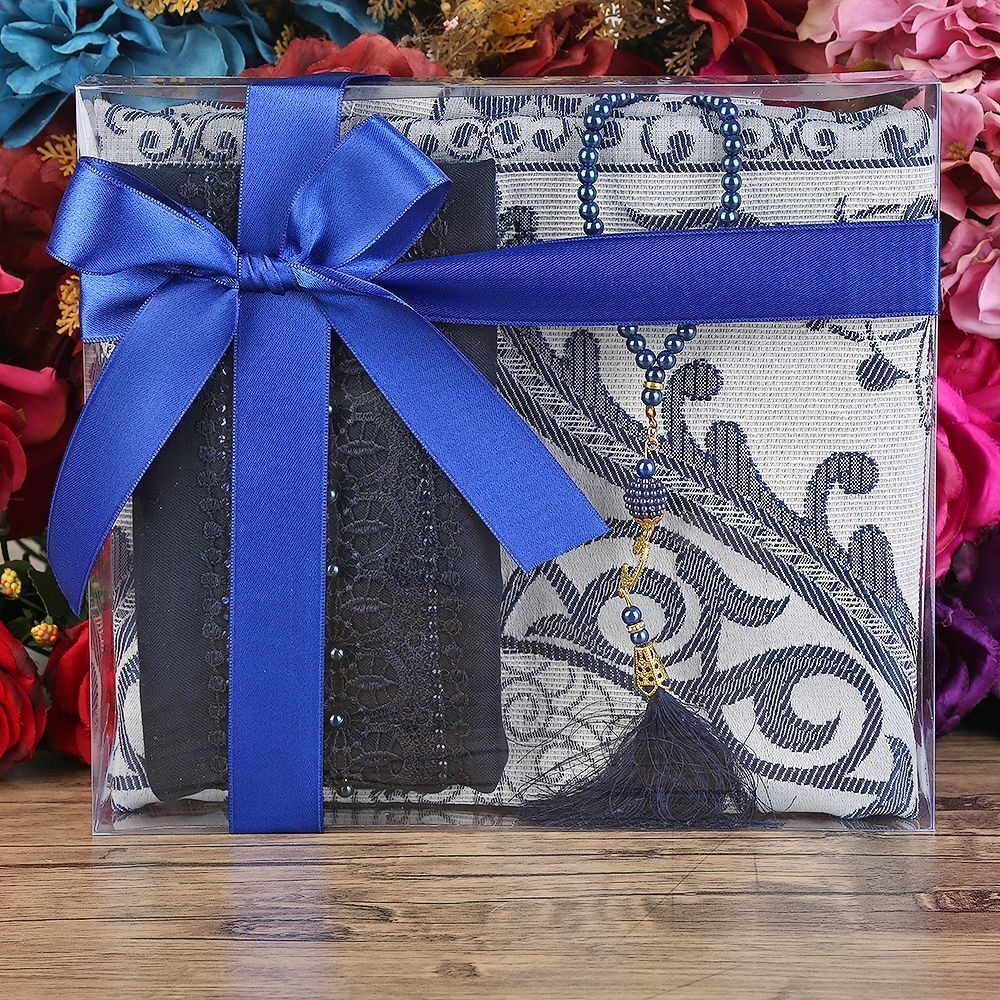 Hediyelik Seccade, Şal, İnci Tesbih, Asetat Kutulu (26×23 cm 450 gr) Set-Lacivert