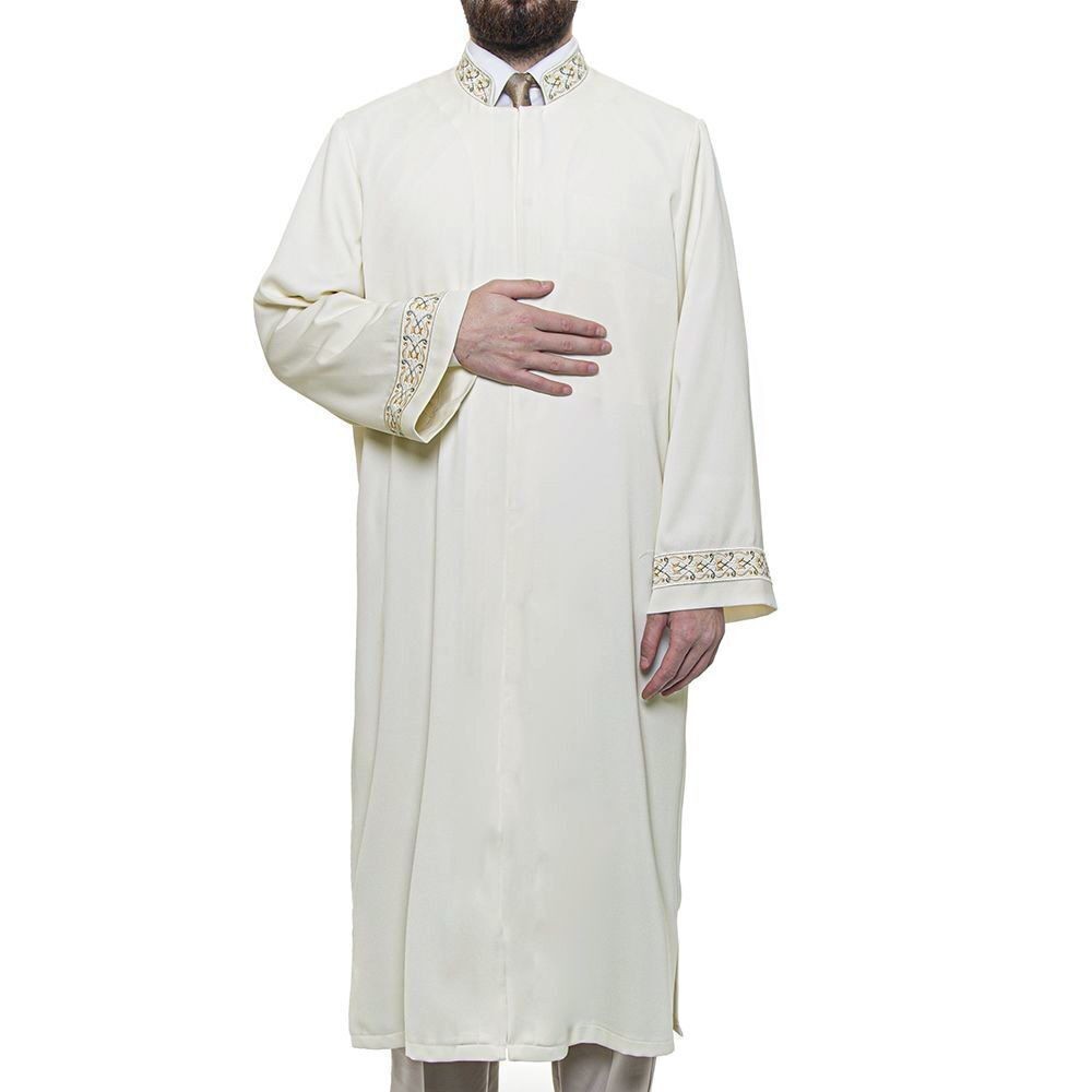 Salah  İmam Cübbesi Krem - Kol ve Yaka Nakışlı Model