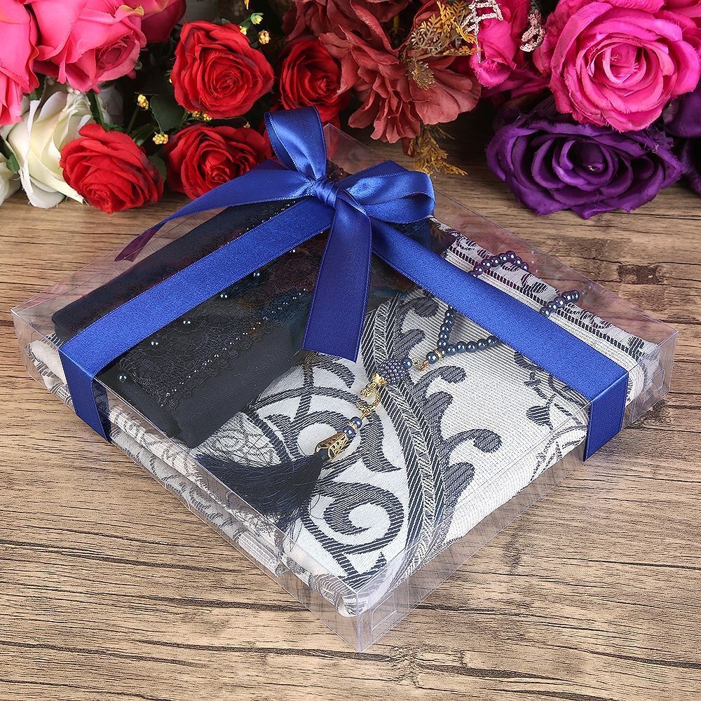 Hediyelik Seccade, Şal, İnci Tesbih, Asetat Kutulu (26×23 cm 450 gr) Set-Lacivert