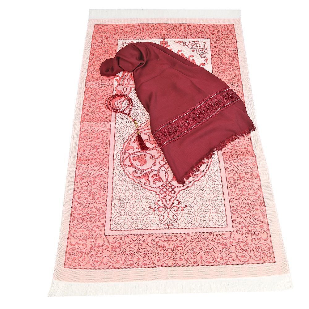 Hediyelik Seccade, Şal, İnci Tesbih, Asetat Kutulu (26×23 cm 450 gr) Set-Bordo