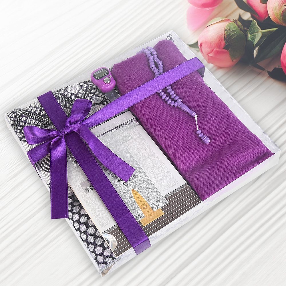 Ekonomik Çanta Boy Yasin, Seccade, Pamuklu Şal, Tesbih, Zikirmatik, Süslemeli Asetat Kutulu (23*26 cm -475gr)-Mor