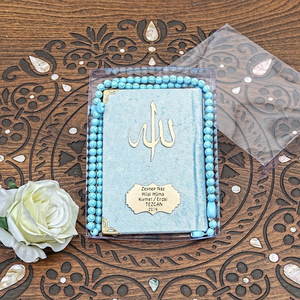 Kadife Kaplı Yasin Kitabı (Çanta Boy), Kokulu Tesbih, Asetat Kutuda (17×15) Mevlid Seti-Mavi