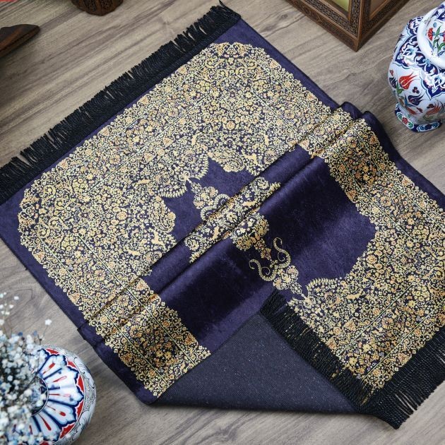 Çeyizlik İpek Burgu Seccade Gold Siyah 70x120 cm - 510 gr