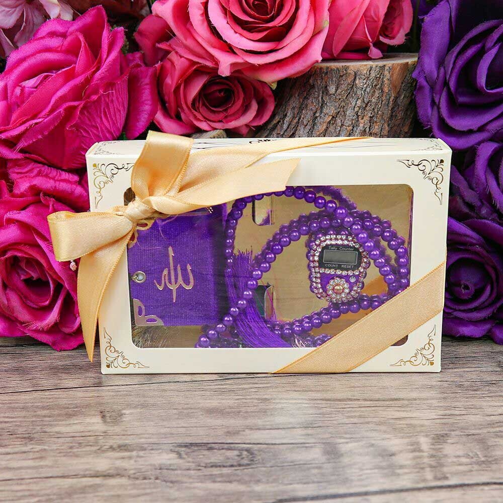Hediyelik Mini Kur'an-ı Kerim & Lüks Taşlı Zikirmatik & İnci Tesbih Hediye Seti (2,5 * 4,5 * 5,5 cm  125 gr ) - Mor