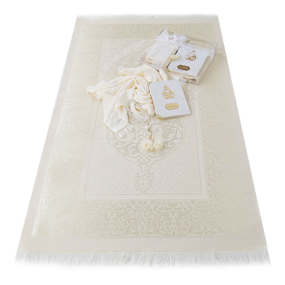 Hediyelik Kadife Yasin Kitabı, Seccade, Şal, İnci Tesbih, Asetat Kutulu (26×23) Set - Krem