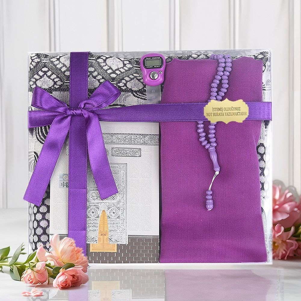 Ekonomik Çanta Boy Yasin, Seccade, Pamuklu Şal, Tesbih, Zikirmatik, Süslemeli Asetat Kutulu (23*26 cm -475gr)-Mor