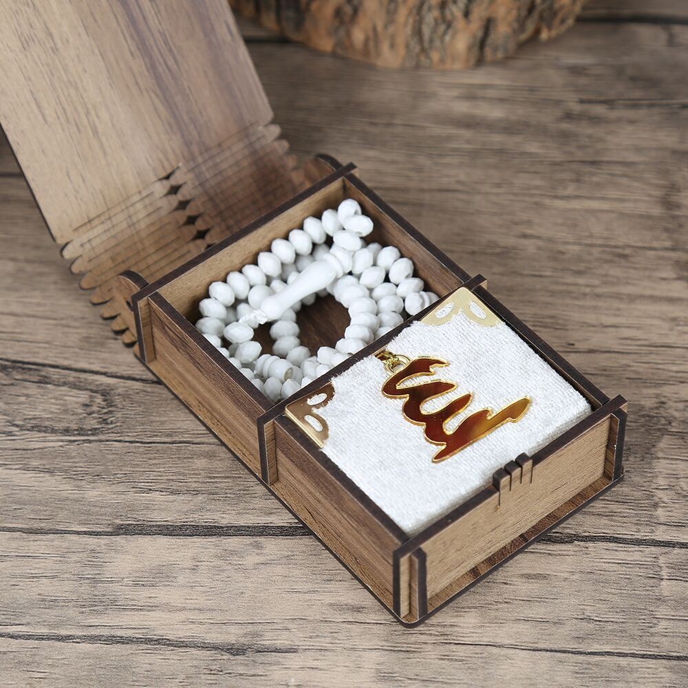 Mini Ahşap Kutuda Mini Kur'an-ı Kerim & Beyaz Kristal Tesbih (13x7cm)