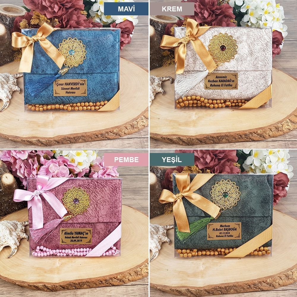 Hediyelik Kadife Çantalı Yasin, Kokulu Tesbih, Asetat Kutulu (17×15) Set