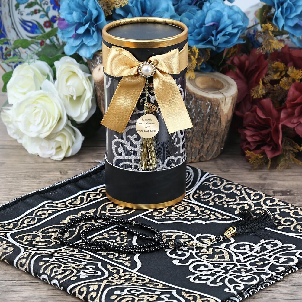 Hediyelik Silindir Asetat Kutu (18×10), Seccade, İnci Tesbihli Set - Siyah