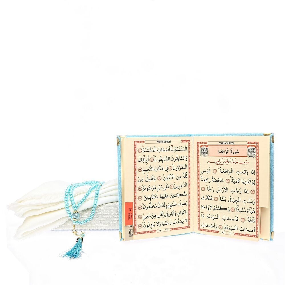 Hediyelik Kadife Kaplı Yasin Kitabı, Seccade, Şal, İnci Tesbih, Asetat Kutulu (26×23) Set - Mavi