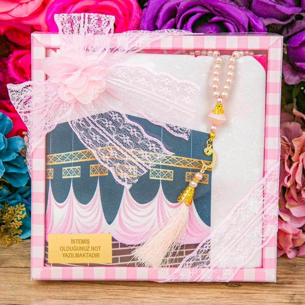 Çocuk Seccadesi 45*82 cm, İnci Tesbihli Asetat Kutulu Set-Pembe