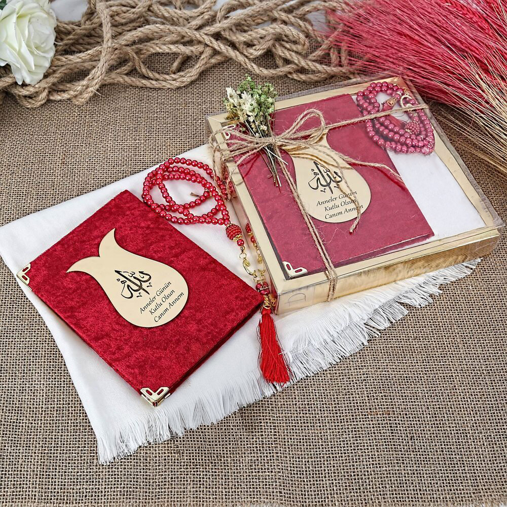 Hediyelik Şal, Yasin Kitabı, İnci Tesbihli Set-Kırmızı