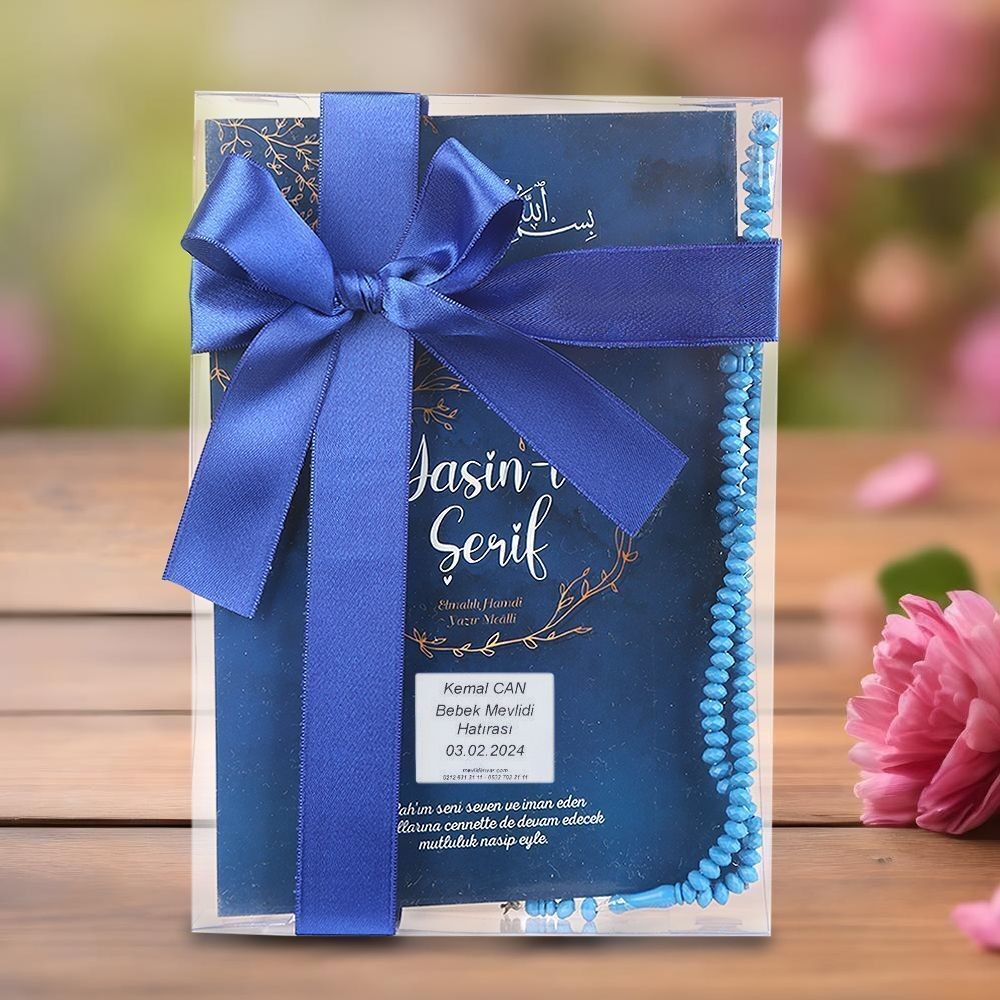 Ekonomik Orta Boy Yasin, Tesbih, Süslemeli Asetat Kutulu (25*18 cm 150 gr)Mavi