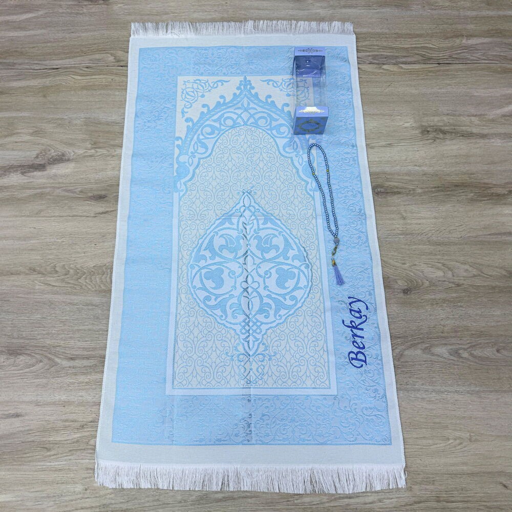 İsminizi Seccadeye Yazıyoruz Mavi Asetat Kutu & İnci Tesbih & İpek Nur Tafta Seccade(300gr)