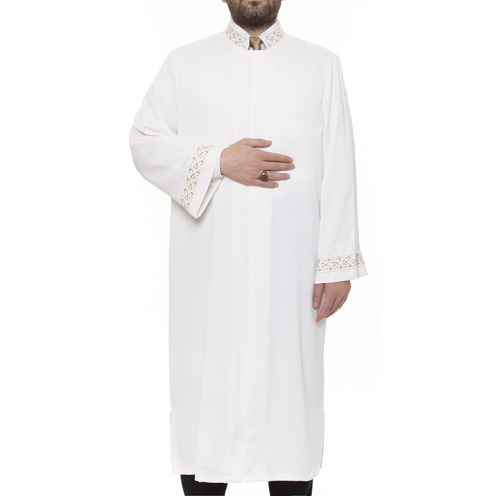 Furkan İmam Cübbesi Açık Krem - Kol ve Yaka Nakışlı Model