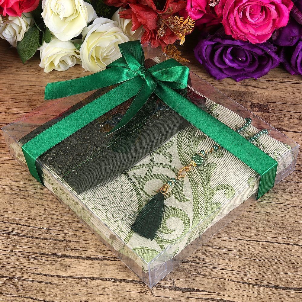 Hediyelik Seccade, Şal, İnci Tesbih, Asetat Kutulu (26×23 cm 450 gr) Set-Yeşil