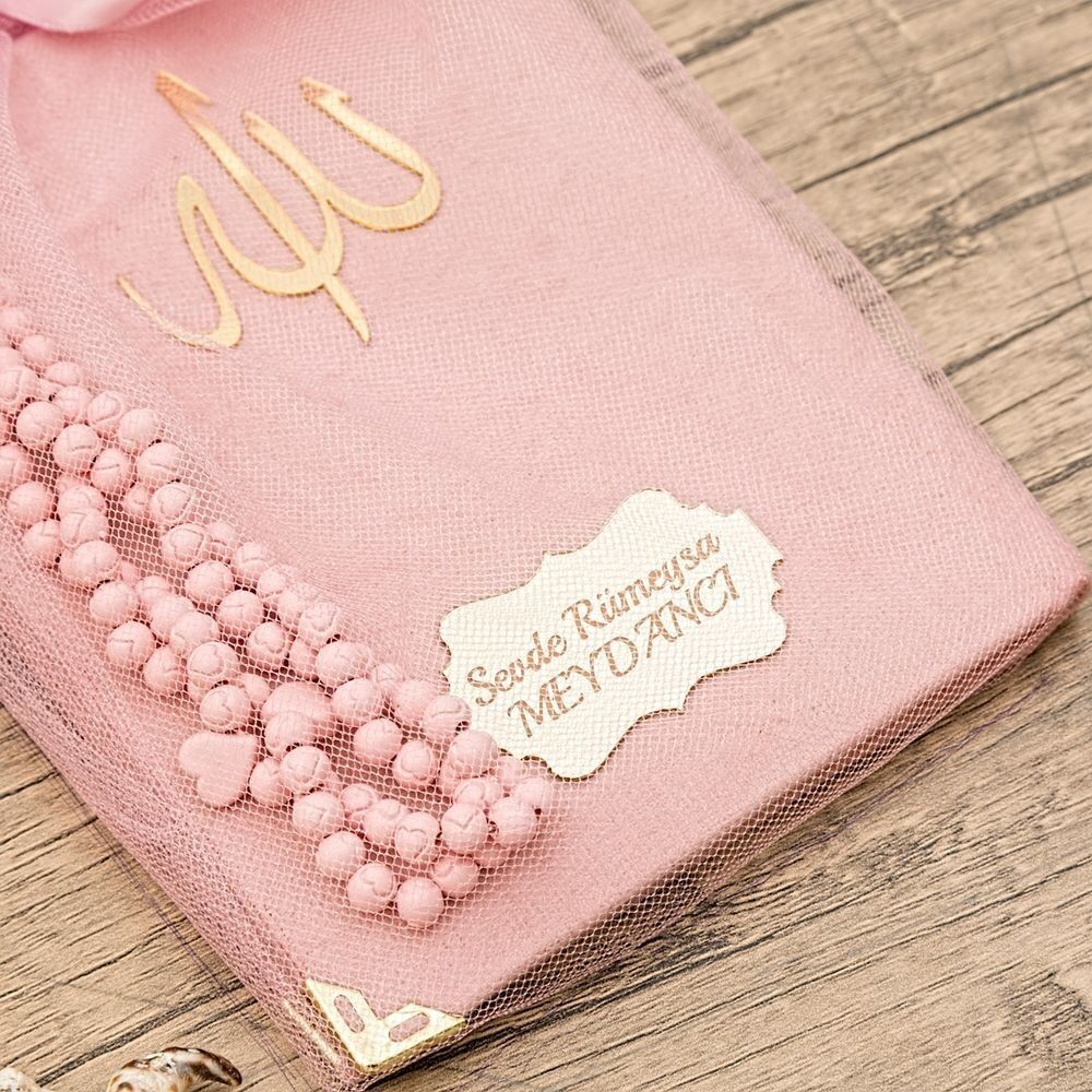 Hediyelik Kadife Yasin Cüzü (Çanta Boy), Kalpli Tesbih, Tül Keseli Mevlid Paketi-Pembe