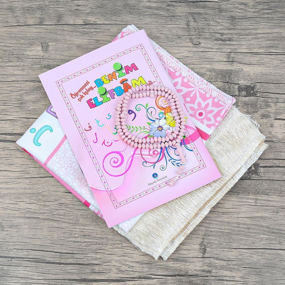 Nakışlı İsme özel Çocuk Seccadesi ve Eğitici Kitabı Namaz Seti  -Seccade Ölçü Pembe 45x82 cm - Tesbih