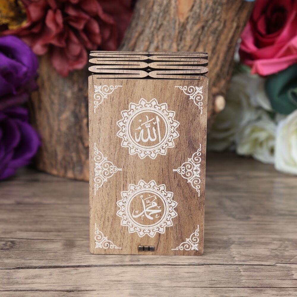 Mini Ahşap Kutuda Mini Kur'an-ı Kerim & Beyaz Kristal Tesbih (13x7cm)