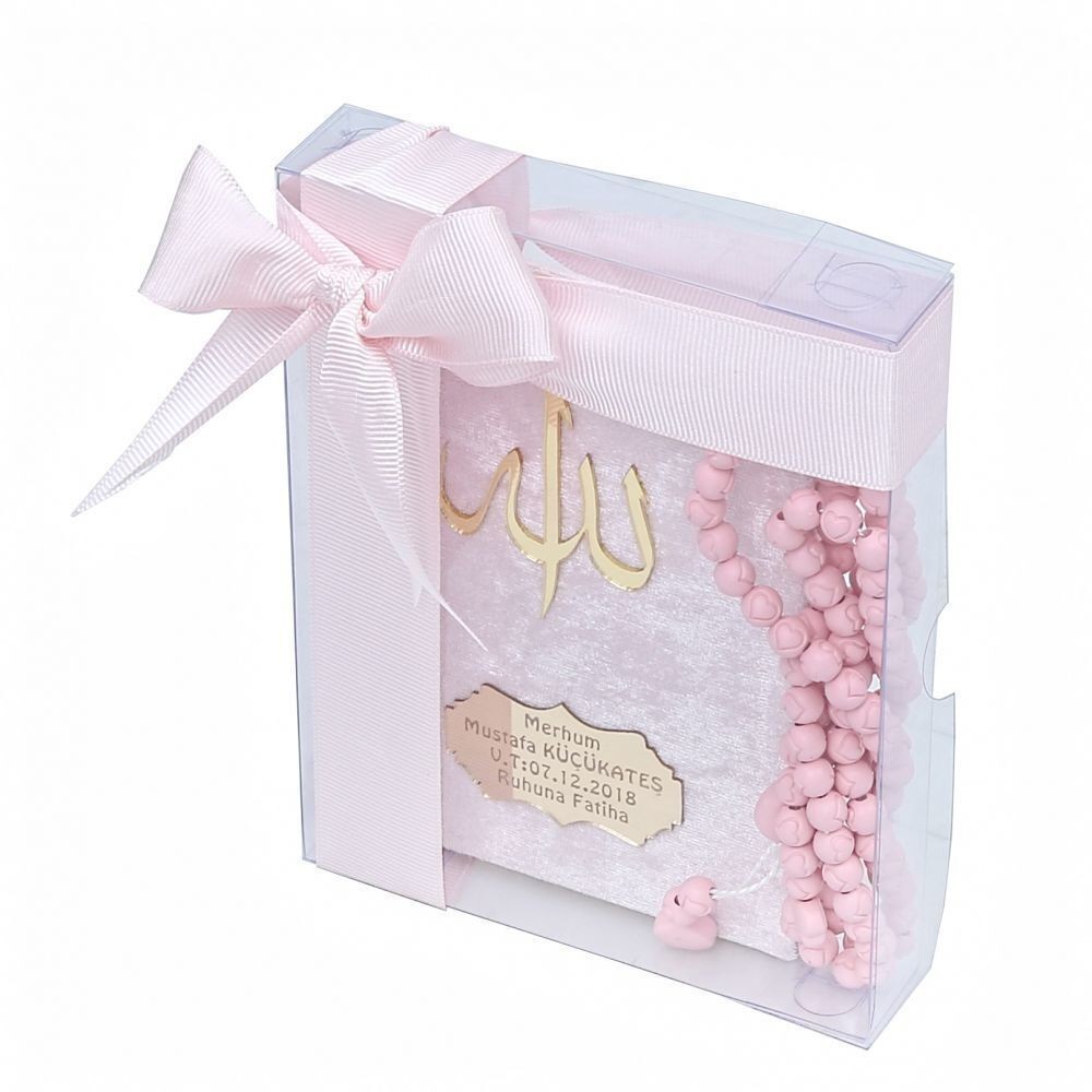 Kadife Kaplı Yasin Kitabı (Çanta Boy), Kokulu Tesbih, Asetat Kutuda (17×15) Mevlid Seti-Pembe