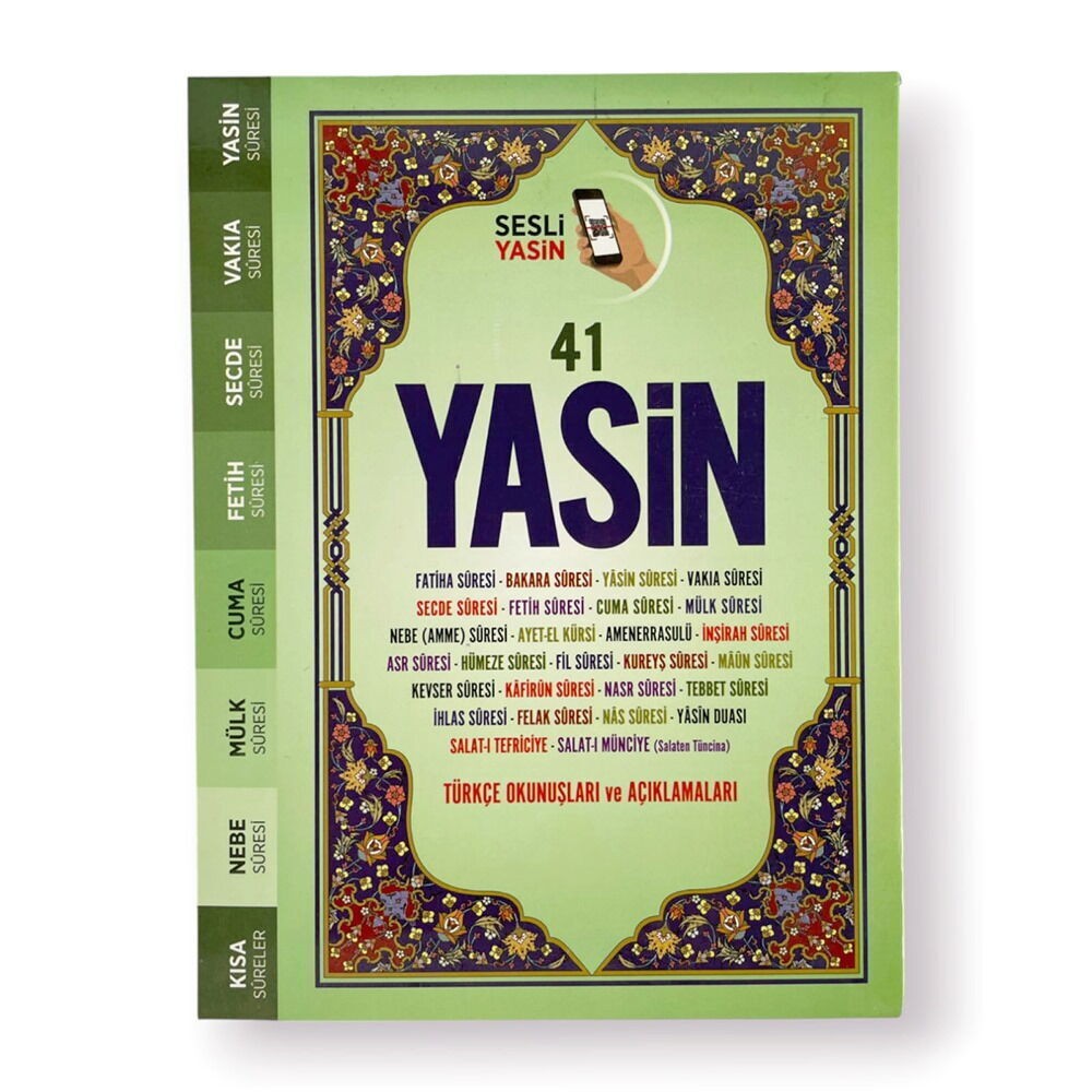 41 Yasin Çanta Boy Karton Kapak, Fihristli , Bilgisayar Hatlı, İri Yazılı ,Qr Kodlu Sesli Yasin Kitabı 168 Sayfa,12*16 cm -Yeşil