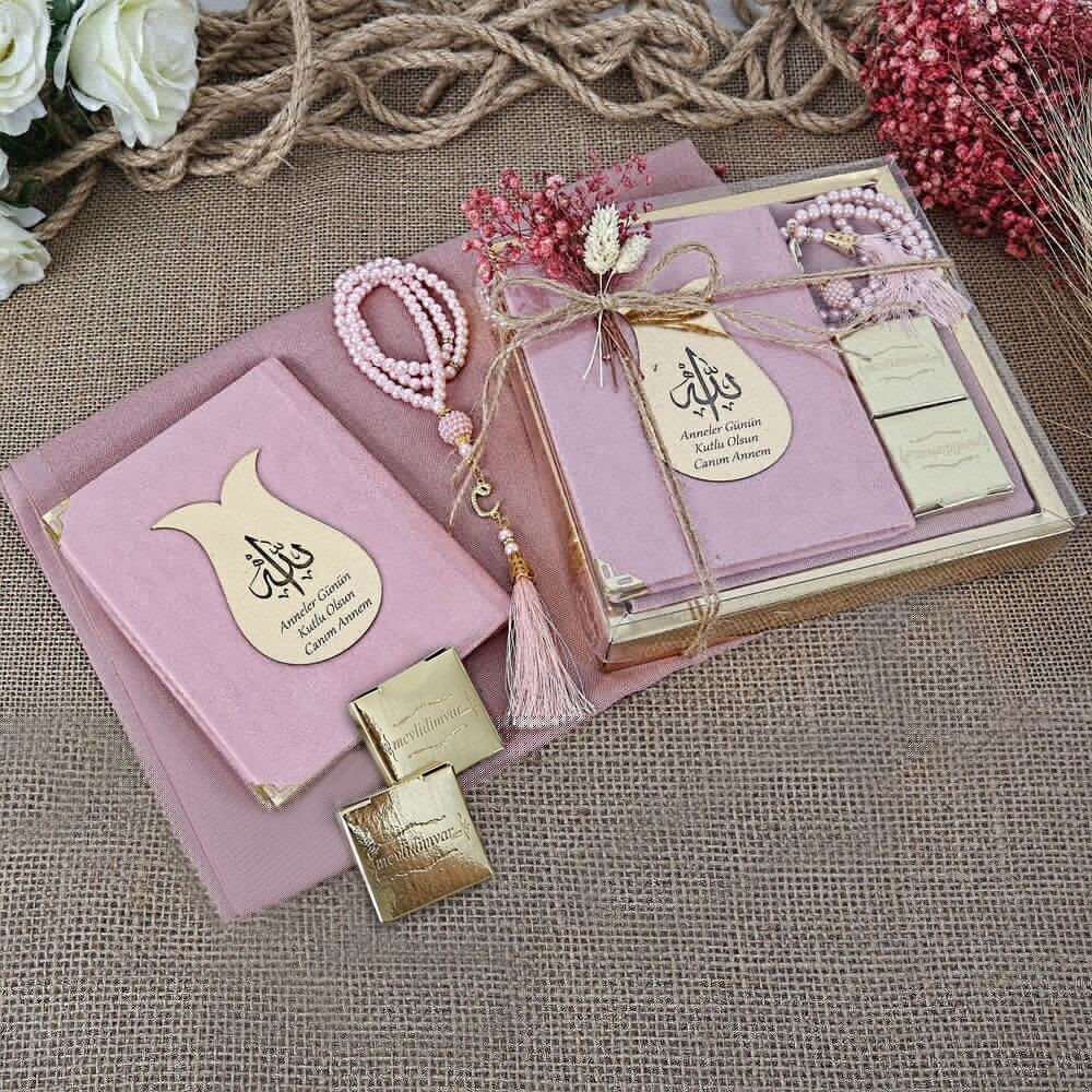 Hediyelik Şal, Yasin Kitabı, Çikolata, İnci Tesbihli Set-Pembe