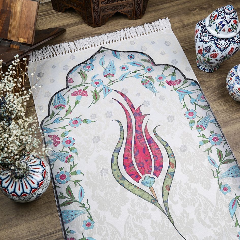 İnce Pamuk Çocuk Seccadesi Fuşya Lale 44x77 cm-180 gr-Tesbih Hediyeli