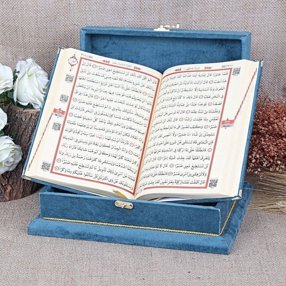 Kadife Kaplı Kutulu Kur'an-ı Kerim Turkuaz