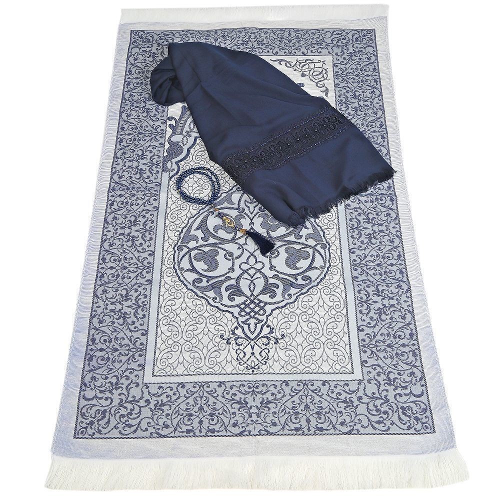 Hediyelik Seccade, Şal, İnci Tesbih, Asetat Kutulu (26×23 cm 450 gr) Set-Lacivert