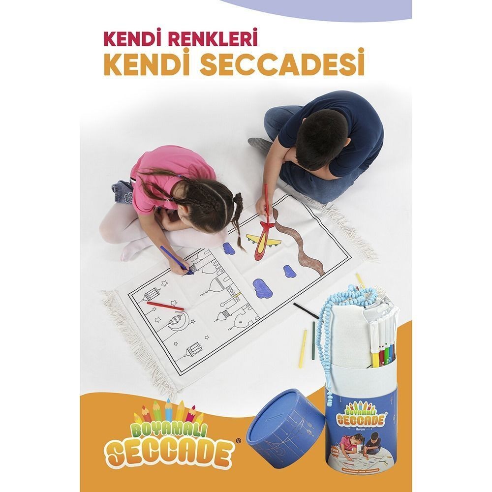 Boyamalı Yıkanabilir Eğitici Dini Oyuncak Çocuk Seccade Seti Silindir Kutu -Mavi