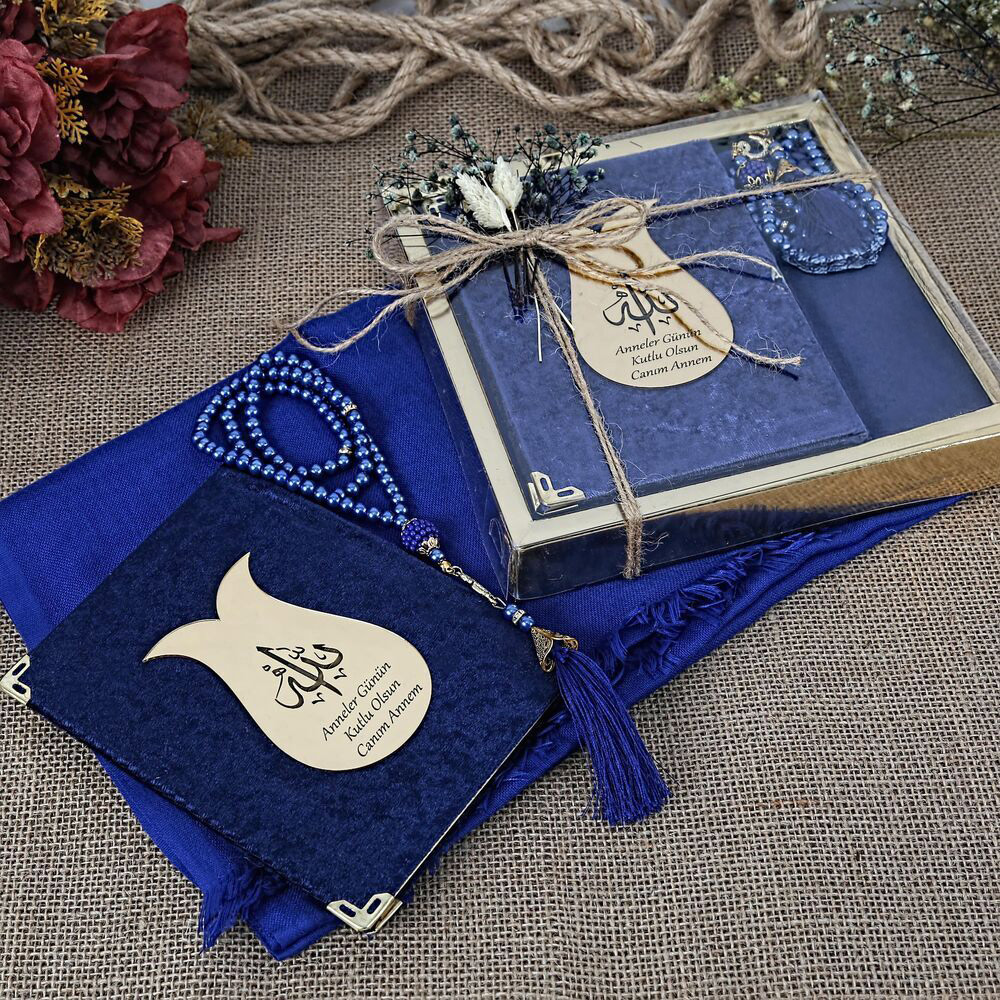 Hediyelik Şal, Yasin Kitabı, İnci Tesbihli Set-Lacivert