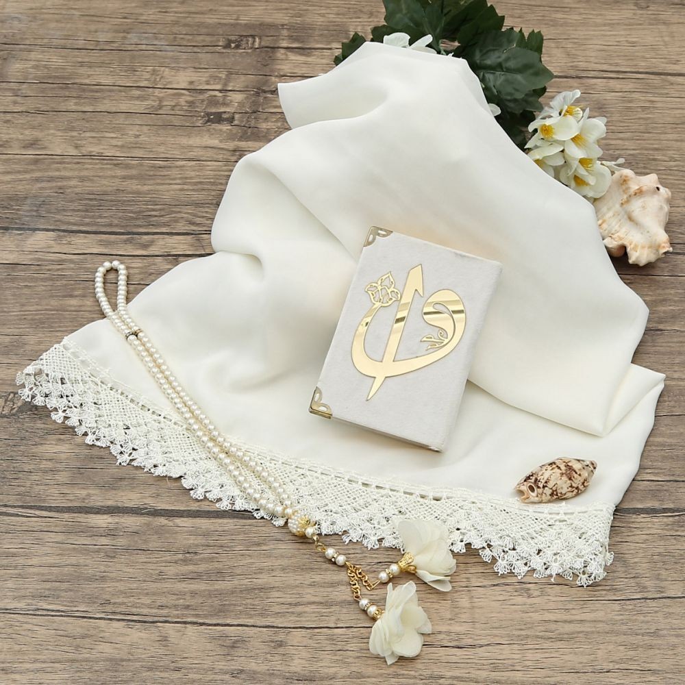 Hediyelik Oyalı Şal, Kadife Kur'an-ı Kerim, İnci Tesbih, Pleksi, Kraft Asetat Kutulu (20×10) Set